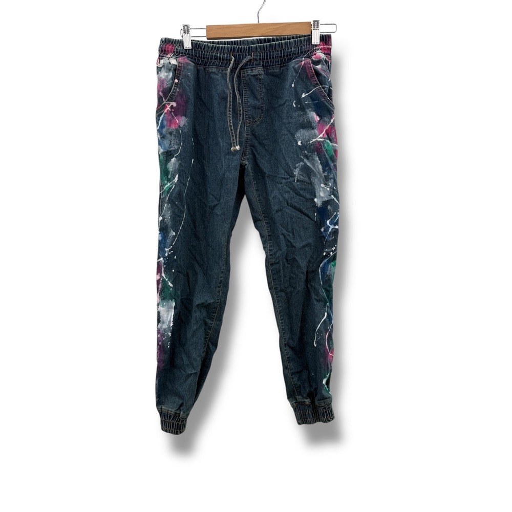 Thrill Paint Splatter Jogger Pants Men's Medium Black Denim Elastic Waist Street